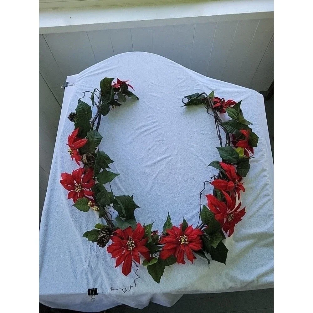 Red Poinsettia & Berry 6ft Mantel Door Stair Flower Swag Arrangement Christmas